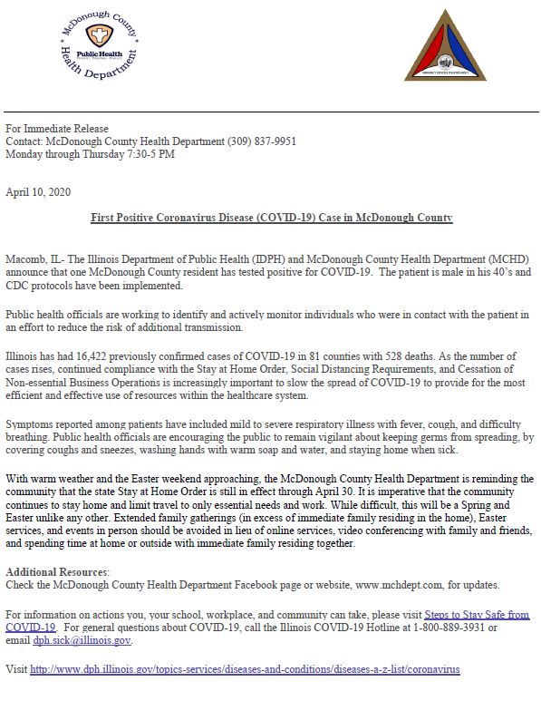 McDonough County Health Department Press Release from April 10, 2020