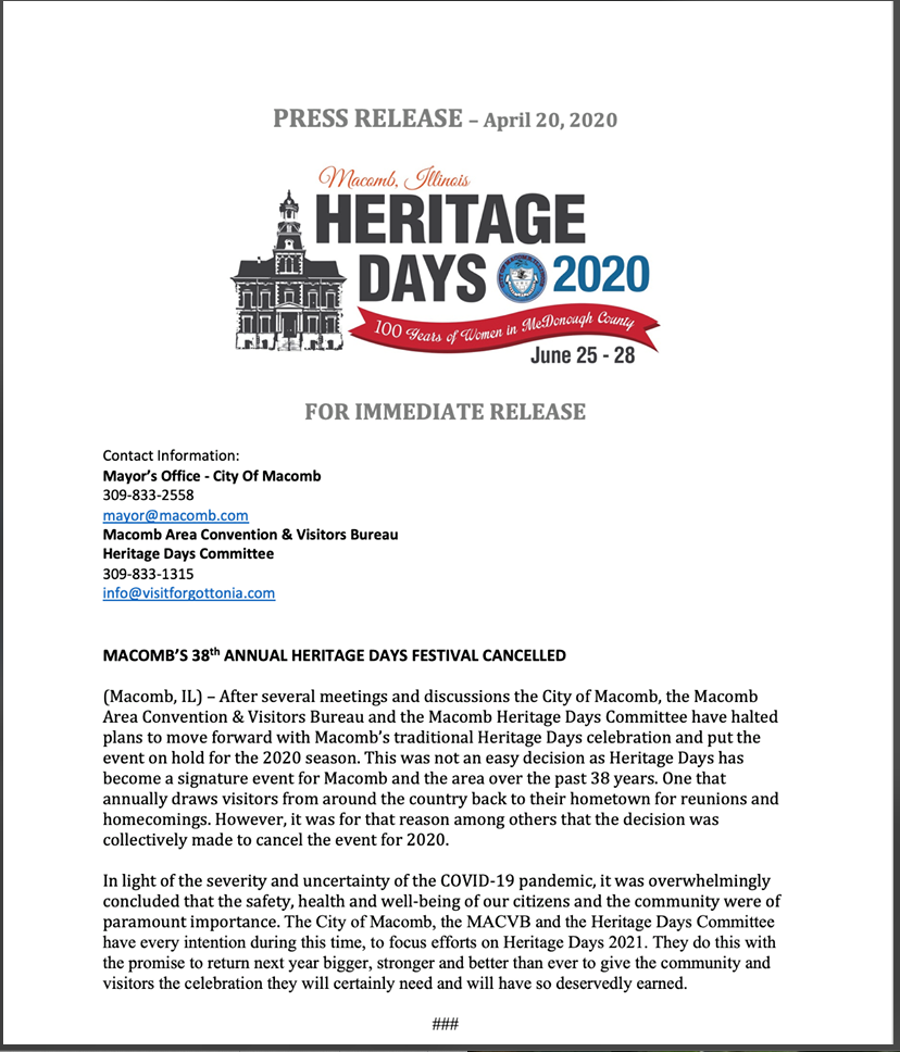 Press release about the cancellation of the 2020 Macomb Heritage Days